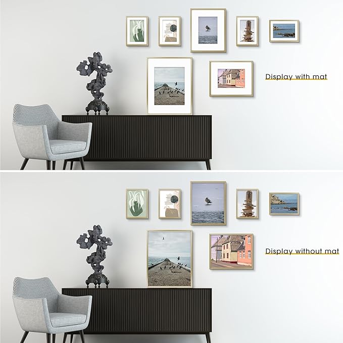 Frametory, Aluminum Picture Frames Set of 7 - Gold Gallery Wall Kit - Displays One 11x14, Two 8x10, and Four 5x7 inch Photos for Home Decoration