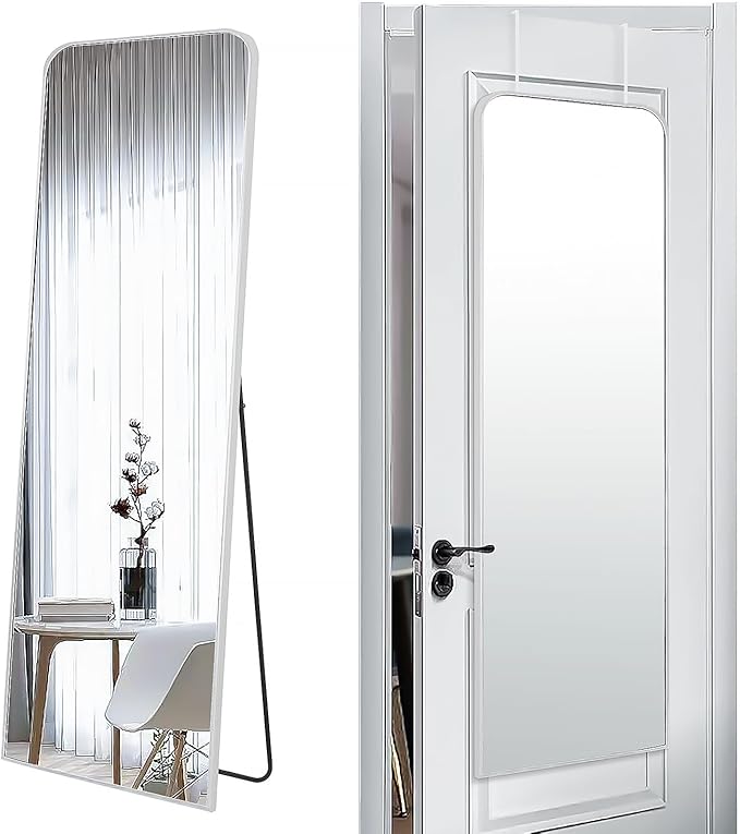 SCWF-GZ 57x20 Door Hanging Full Length Mirror, Floor (Height 5.7ft just Body in 1.3ft) or Wall Mounted Metal Frame Rectangle Dressing Mirrors for Bedroom Bathroom Living Room 57 inch Silver
