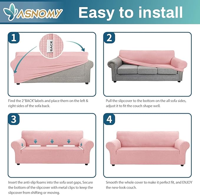 Asnomy Couch Covers for 3 Cushion Couch Stretch Sofa Covers Slipcover, Pet Protector Furniture Covers for Dogs Cats Spandex Jacquard Fabric Small Checks（Pink, X-Large）