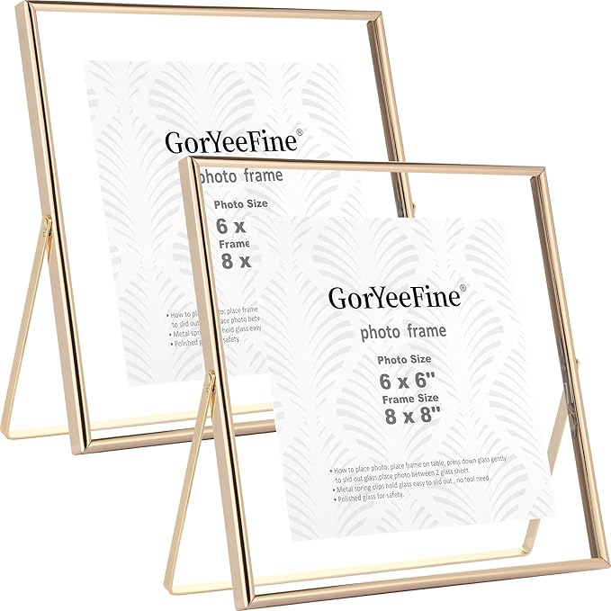 Gold 8x8" Floating Frame 2 Pack for Photo size(5x5'',6x6'' 8x8''),Adjustable Tabletop/Shelf floating Picture Frame,Classy Metal Gift Frames for Wedding,Thanksgiving,Christmas,Birthady,Home or Office Decor.