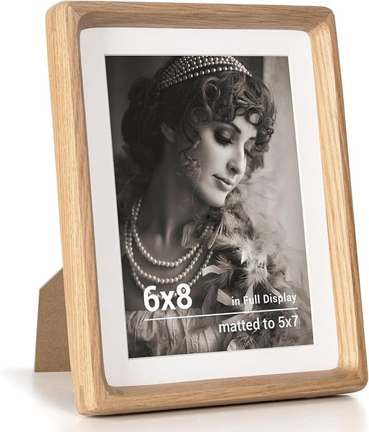 Fun Memories 6x8 Picture Frame, USA-Sourced Oak Wood Photo Frames with HD Tempered Glass, Handcrafted Rounded Corner 6 x 8 Wooden Frames Matted to 5x7 Photos, 6x8 Frame, Tabletop or Wall Display