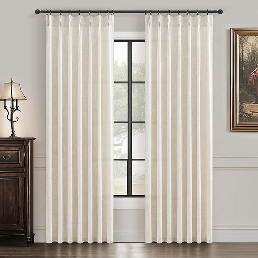 Cream Thick Linen 80 Inches Length Semi Sheer Curtains 2 Panels Set for Bedroom, Pinch Pleated Light Filtering Cottage Core Nursery Window Drapes 80 Inch Long Privacy Farmhouse Curtain with Back Tab