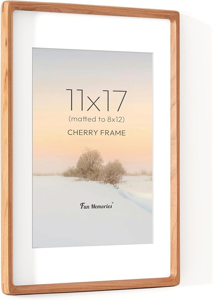 11x17 Picture Frame, USA-Sourced Cherry Wood Photo Frames with HD Tempered Glass, Handcrafted Rounded Corner 11 x 17 Wooden Frame Matted to 8x12 Photos, 11x17 Frames, Tabletop or Wall Display