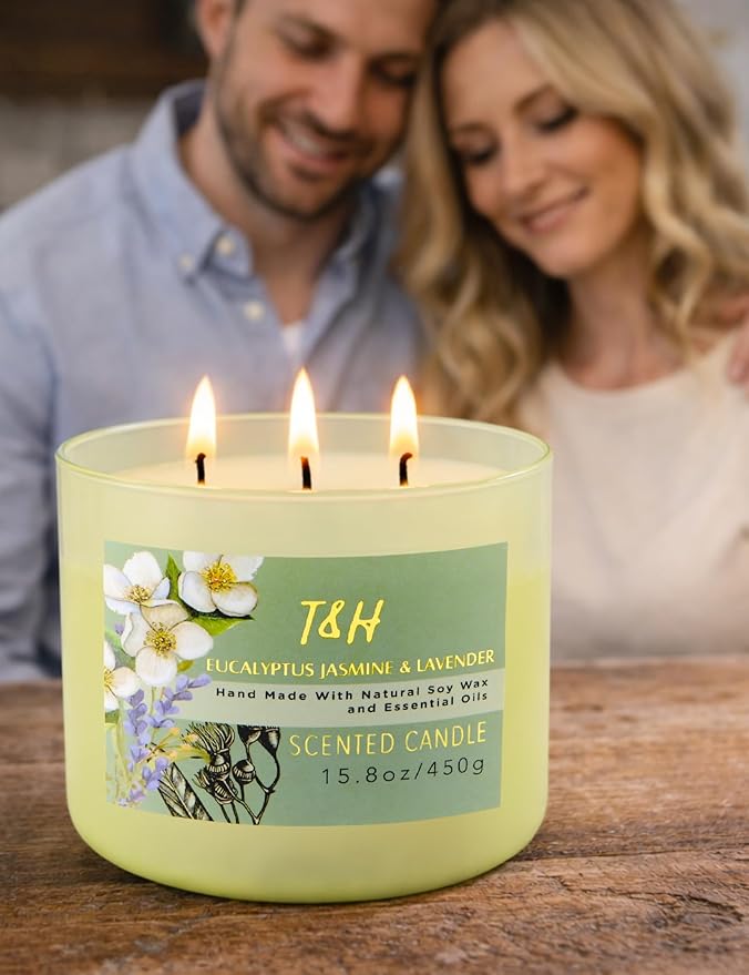 Eucalyptus Jasmine Lavender Scented Candle | 3 Wick Large Soy Candles for Home 15.8oz | Calming Spa Aromatherapy Candle | Strong Scent Long Lasting Clean Burn | Stress Relief Gift for Women & Men