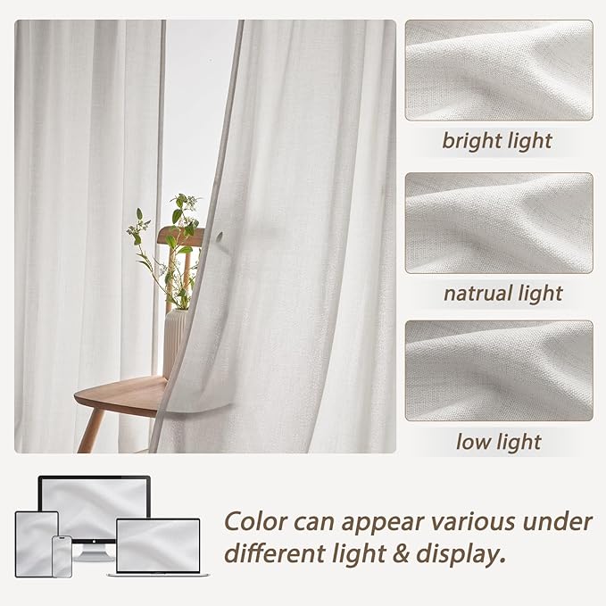 Pinch Pleated Extra Long 132 Inch High Ceiling Luxury Curtains for Living Room 2 Panels Set, Cottage Core Natural Linen Beige White Semi Sheer Drape Light Filtering for 11FT Large Window Curtain Ivory