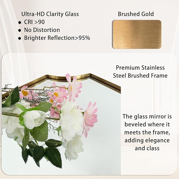 POZINO Rectangle Beveled Mirror, 24"x40" Brushed Gold Bathroom Vanity Mirrors with Stainless Steel Frame, Modern Aesthetic Wall Mirror for Hallway Entryway Living Room, Horizontal or Vertical Hanging