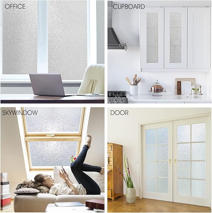 KESPEN Frosted Window Privacy Film Heat Control UV Sun Blocking Glass Stickers Static Cling Non Adhesive Door Coverings Decals for Bathroom Home Office, Sparkling, 35.4 Inch X 6.5 Feet
