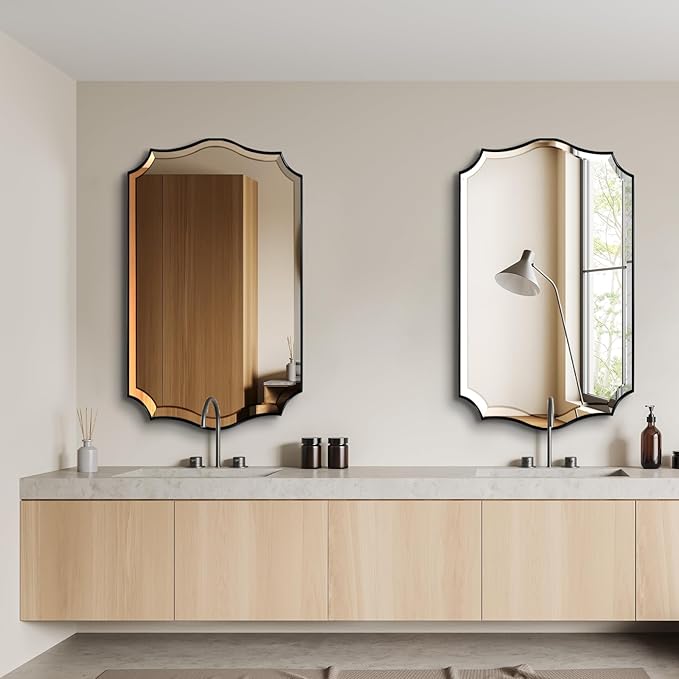 POZINO Rectangle Beveled Mirrors, 24"x40" Modern Vanity Mirror for Over Sink, Matte Black Scalloped Mirrors for Wall, Irregular Wavy Shaped Mirror for Bathroom Living Room Bedroom Fireplace Entryway