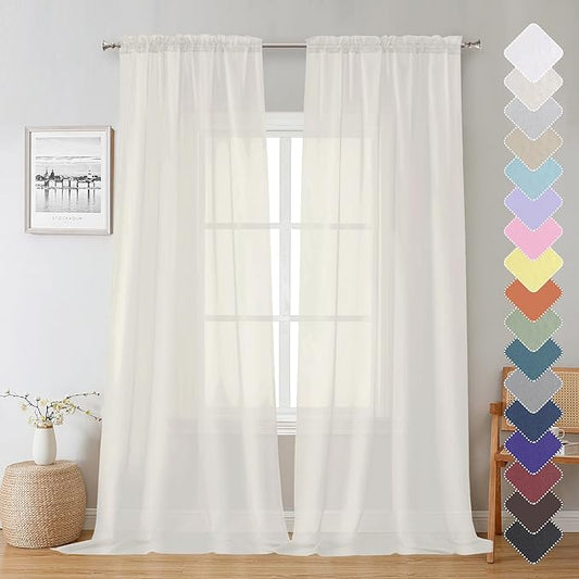Lecloud Sheer Curtain Panels Set 96" Inches Long, Solid Voile Light Filtering Airy Curtains Window Treatment Drapes for Living Room, 2 Panels Elegant Bedroom Sheer Curtains, Ivory, 40" Wx96 L