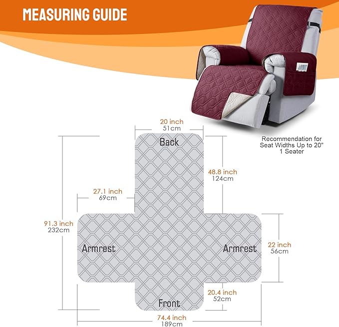 VANSOFY 100% Waterproof Recliner Chair Covers, Recliner Cover Non-Slip Dog Chair Cover Furniture Protector Washable Slipcover with Pocket, Elastic Straps for Pets, Dogs(Burgundy, 20")