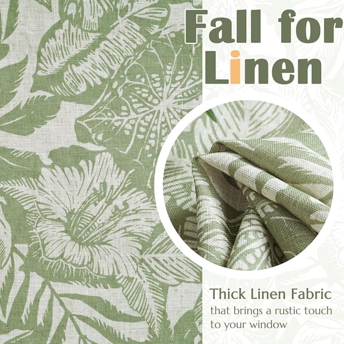 jinchan Linen Curtain Kitchen Valance for Windows Tropical Leaf Printed Valance for Living Room Bathroom Bedroom Blackout Country Farmhouse Kitchen Curtain 16 Inch Rod Pocket 1 Panel Green on Beige