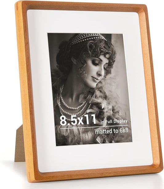 8.5 by 11 Picture Frame, USA-Sourced Teak Wood Photo Frames with HD Tempered Glass, Handcrafted Rounded Corner 8.5 x 11 Wooden Frames Matted to 6x8 Photos, 8.5x11 Frame, Tabletop or Wall Display