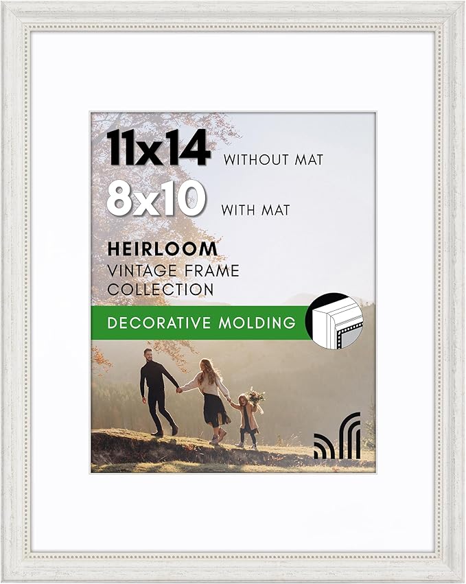Americanflat Vintage Frames - 11x14 Picture Frame with Beaded Accents and Shatter-Resistant Glass - Use as 8x10 Frame or Display 11x14 Photos Without Mat - Heirloom Collection - Wall Display - White