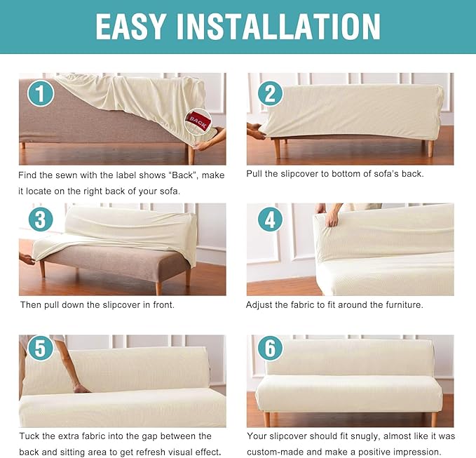 H.VERSAILTEX Armless Futon Cover Stretch Sofa Bed Slipcover Protector Elastic Feature Rich Textured High Spandex Small Checks Jacquard Fabric Futon Cover, Machine Washable, Cream
