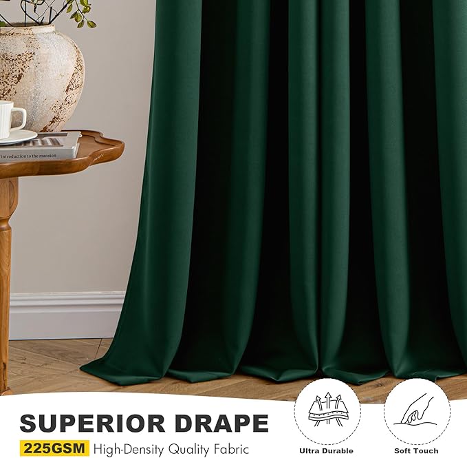 MIULEE Hunter Green Blackout Curtains for Bedroom Living Room 63 Inches Long 2 Panels, Thermal Insulated Room Darkening Drapes Grommet Noise Reducing Light Blocking Window Treatments 50x63 Inch