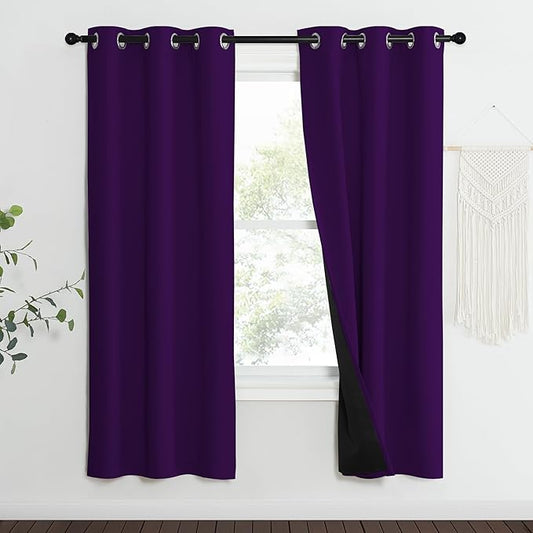 NICETOWN 100% Blackout Curtains with Black Liner Backing, Thermal Insulated Curtains for Living Room, Noise Reducing Drapes, Royal Purple, 37" Wide x 70" Long Per Panel, Set of 2 Panels