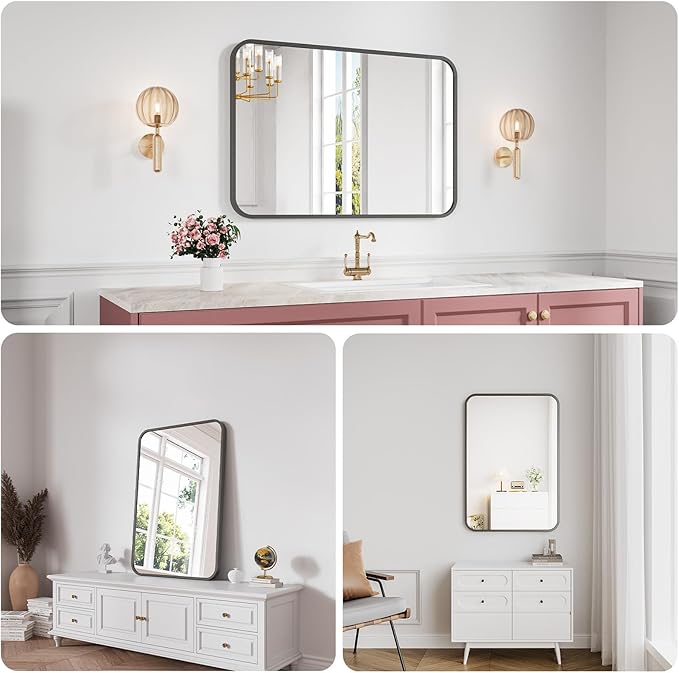 Koonmi Bathroom Mirror, 26X38 Brushed Black Rectangle Wall Mirror, HD Tempered Glass, Anti-Rust Frame Vanity Mirror, Rounded Rectangle Mirror for Restroom, Bedroom, Hangs Horizontal or Vertical