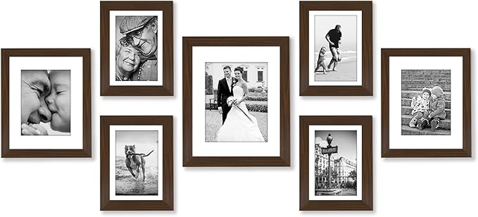 Americanflat Set of 7 Picture Frames with Shatter-Resistant Glass - Gallery Wall Frame Set with One 11x14, Two 8x10 and Four 5x7 Frames - Signature Collection - Walnut