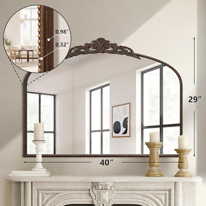 Micasso Large Bronze Vintage Mirror: 40"x29" French Baroque Antique Mirror - Traditional Ornate Decorative Wall Mounted Arched Mirrors for Wall/Mantel/Entryway/Hallway - Home Decor for Living Room