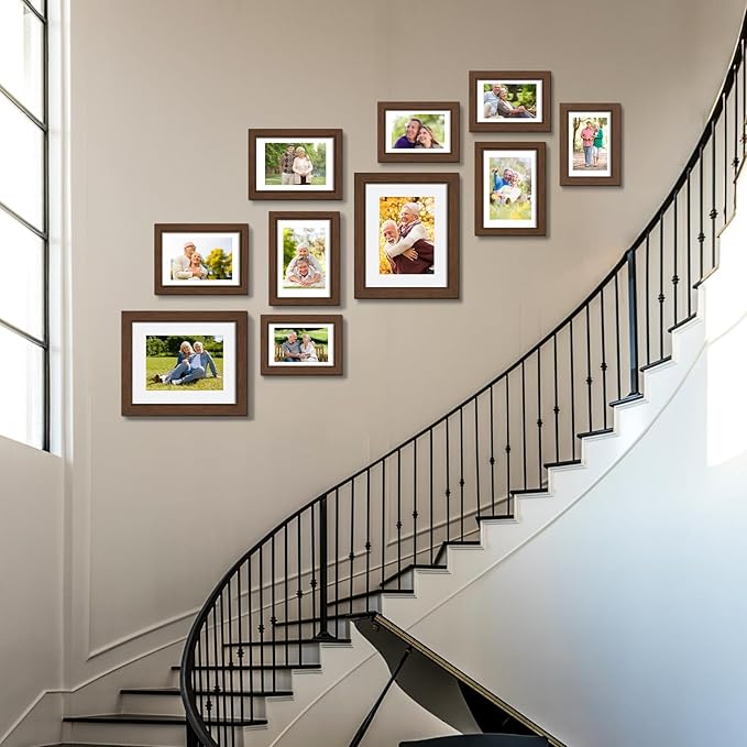Picture Frames, Made of Real Glass and Wooden Frame, Gallery Photo Frames Set of 10 for Collage Wall Decor, Multi Sizes Including 8x10, 5x7, 4x6 for Mounting or Tabletop Display, Dark Brown