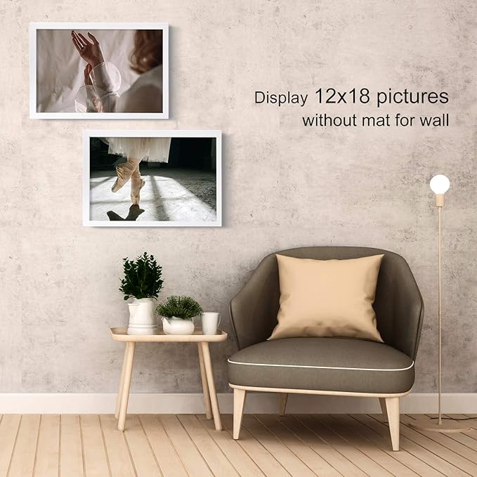 Egofine 12x18 Solid Wood Picture Frames Matted for 8.5x11 - Acrylic Plexiglass Front for Wall Mounting Hanging Picture Frame Vertically or Horizontally, White Set of 2