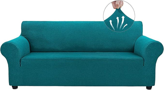 Asnomy Couch Covers for 3 Cushion Couch Stretch Sofa Covers Slipcovers, Pet Protector Furniture Covers for Dogs Cats Spandex Jacquard Fabric Small Checks（Large，Peacock Blue）