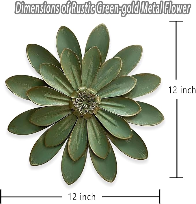 Novbvia Metal Flower Wall Sculpture, 12" Rustic Modern Floral Artwork, Distressed 3D Layered Iron Flower Wall Hanging Accent for Indoor/Outdoor, Kitchen,Living Room Office Garden Decor (Green)