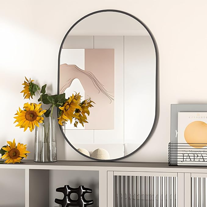 Oval Bathroom Mirror Wall Vanity Oval Mirrors, 20"x30" Black Bathroom Mirrors for Over Sink Pill Mirrors Capsule Wall Mounted Mirror, Modern Mirror with Metal Frame for Wall Decor