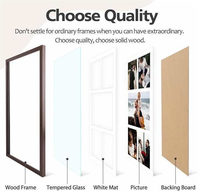 12x24 Brown Wood Picture Frame - White Mat for 8x10 and 5x7 Photos - Real Glass, Sawtooth Hanger, Swivel Tabs - Wall Mounting - Great for Posters, Weddings, and Engagements