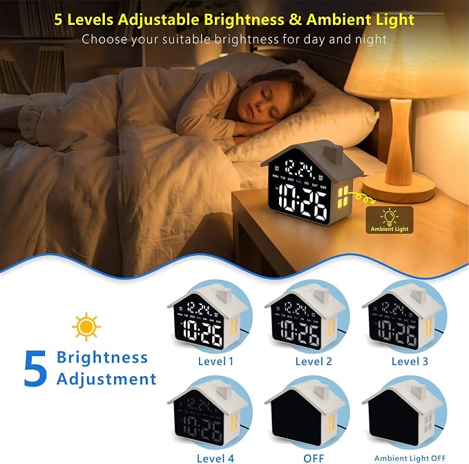 Plumeet Digital Alarm Clock, Bedroom Clock with Large Numbers, Date, Week, Dual Alarms, Dimmer and Ambient Light, House-Shaped Electric Bedside Desk Clock, Adapter Batteries Powered, White - Image 3