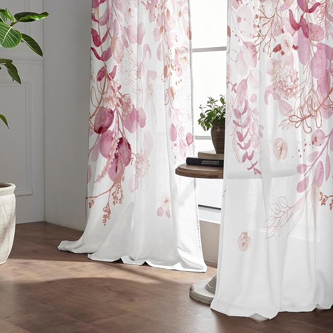 Pink Floral Leaf Sheer Curtains for Girls Bedroom, Botanical Farmhouse Light Filtering Privacy Semi-Sheer Cute Light Pink Curtains for Kids Nursery 84 Inches Long 2 Panels,Rod Pocket,Each 52 Inch Wide