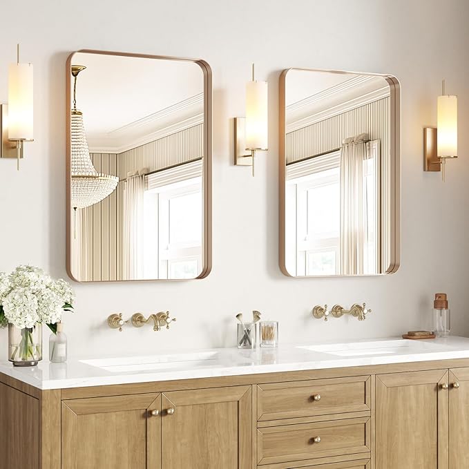 USHOWER Gold Bathroom Mirrors 24"x36" 2 Pack, Brushed Gold Rectangle Mirrors for Over Sink, Aluminum Frame, Anti-Rust, Tempered Glass, Horizontal or Vertical Mounted, Champagne Gold (Neutral Gold)