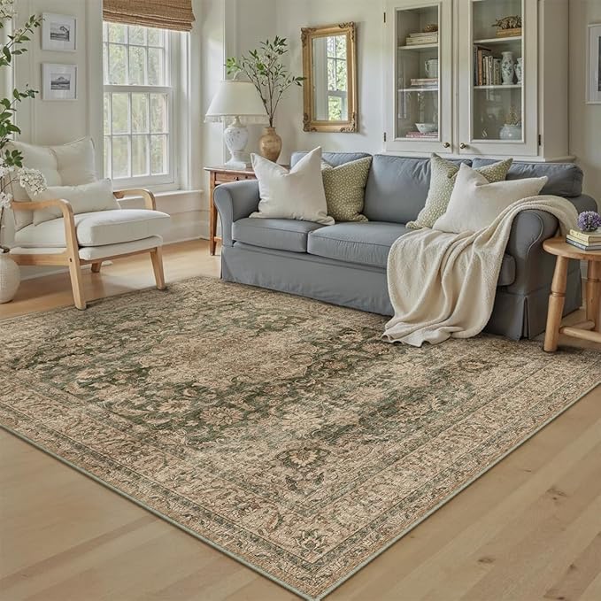 5x7 Washable Area Rug Green Brown Vintage Non Slip Soft Low Pile Rug for Living Room Bedroom Dining Room Office Distressed Oriental Indoor Throw Carpet for Home Decor