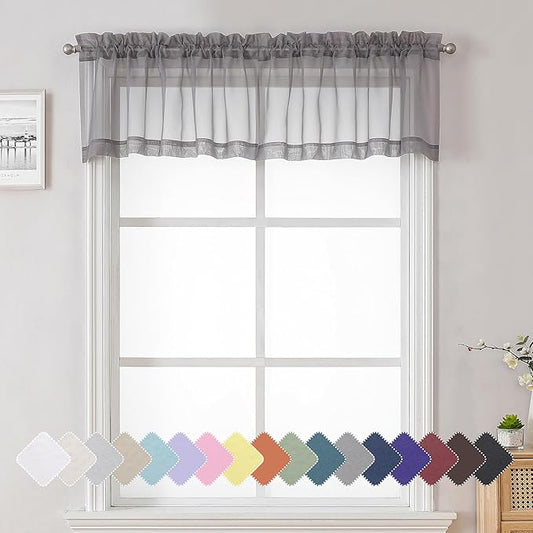 Lecloud Charcoal Grey Sheer Curtains 14 Inch Length 2 Panels Set, Light Reducing Short Window Valances for Living Room Bedroom, Gray Kitchen Curtains with Dual Rod Pockets, 40" W x 14" L