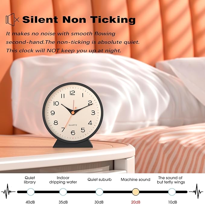 AYRELY?? 4.5" Analog Alarm Clock,Small Retro Desk Clock Battery Operated,Slient Metal Table Clock with Light for Living Room Decor,Bedroom,Bedside,Shelf (Black)