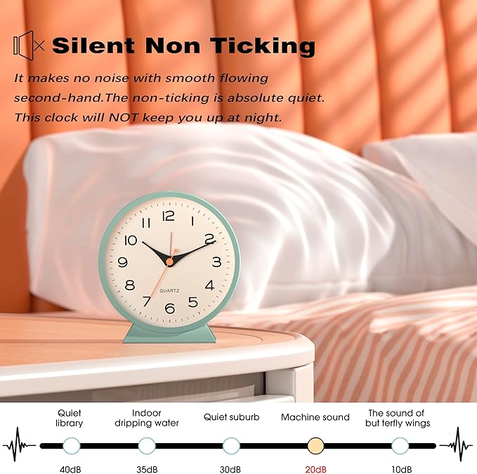 AYRELY?? 4.5" Analog Alarm Clock,Small Retro Desk Clock Battery Operated,Slient Metal Table Clock with Light for Living Room Decor,Bedroom,Bedside,Shelf (Green)
