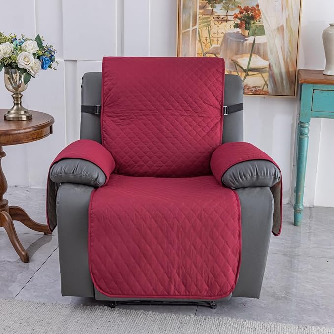 XINEAGE Water Resistant Recliner Cover, Nonslip Recliner Chair Covers for Reclining Chair with Pockets, Quilted Thick Recliner Slipcovers for Pets and Kids (Recliner Chair, Red)