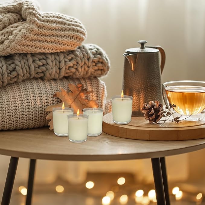 Set of 30 White Votive Candles Clear Glass Filled Unscented Soy Wax Candle for Home Décor Spa Weddings Birthday Holidays Party and DIY