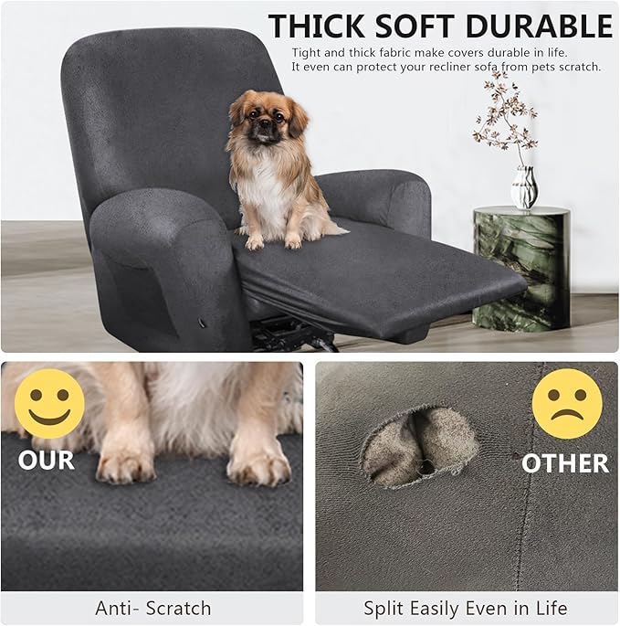 ANARACHON Recliner Chair Covers Leather Like, 4 Pieces Recliner Cover for Recliner Chair, Soft Sofa Slipcover Furniture Protector Washable Sofa Cover for Pets Kids (Dark Gray)