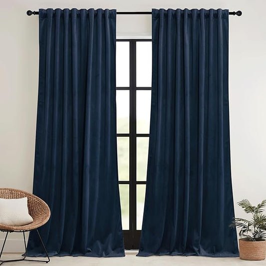 RYB HOME Navy Velvet Curtains 90 inches- Velevt Blackout Curtains for Bedroom, Soft Luxury Window Decor for Hotel Room Hall Kid Room, Navy Blue, W52 x L90 inches, 2 Panels