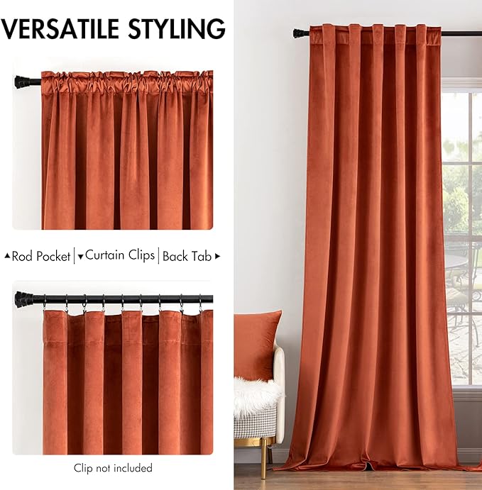 MIULEE Velvet Curtains 72 Inch Wide - Extra Wide Luxury Room Darkening Curtains for Sliding Door Bedroom Living Room Thermal Insulated Drapes Back Tab, Fall Burnt Orange, W 72 x L 84 inch 2 Panels
