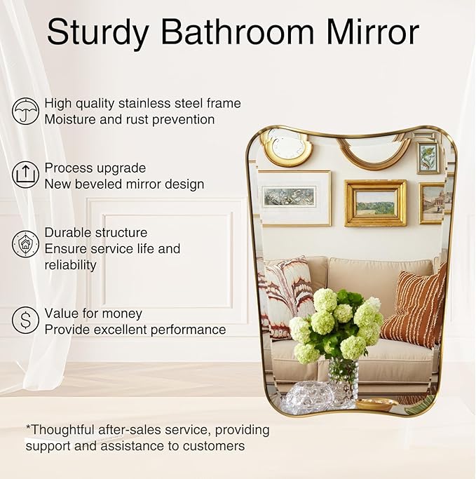 POZINO Brushed Gold Beveled Mirror, 22"x30" Premium Bathroom Vanity Mirror with Stainless Steel Frame, Antique Brass Butterfly Shape Aesthetic Wall Mirrors for Living Room Bedroom Hallway Entryway