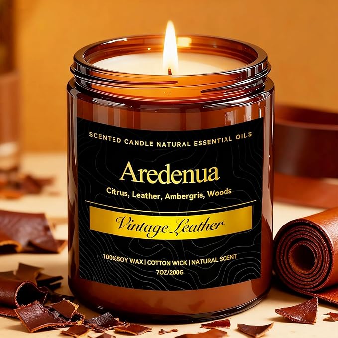 Vintage Leather Scented Candle - Masculine Luxury Soy Candle for Home, Hand Poured Candle Gift for Women & Men, Long Lasting Masculine Leather Scent - Vintage Inspired Home Fragrance