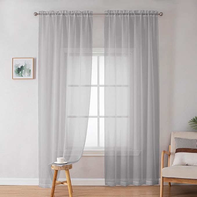 OWENIE Light Grey Sheer Curtains 84 inches Long 2 Panels Set for Bedroom Living Room, Soft Solid Living Room Sheer Curtain, Rod Pocket Light Filtering Farmhouse Curtains, 2 Pcs Each 42?€? W x 84" L