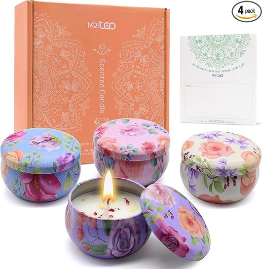 Scented Candles Gift Set for Women Soy Candles 4 Pack Natural Aromatherapy with Dried Flowers in Reusable Tins Relaxation Gift for Birthday Mother's Day Valentine's Day Christmas New Home
