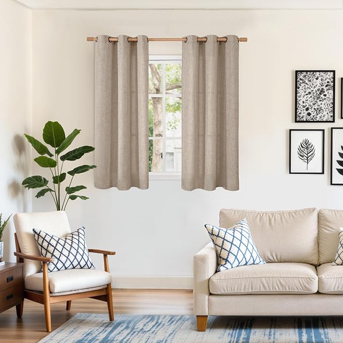 YoungsTex 48 Inch Length Linen Curtains for Short Window, Oatmeal Burlap Light Filtering Drapes with Bronze Grommet Privacy for Living Room Window, 42 x 48 Inch, 2 Panels