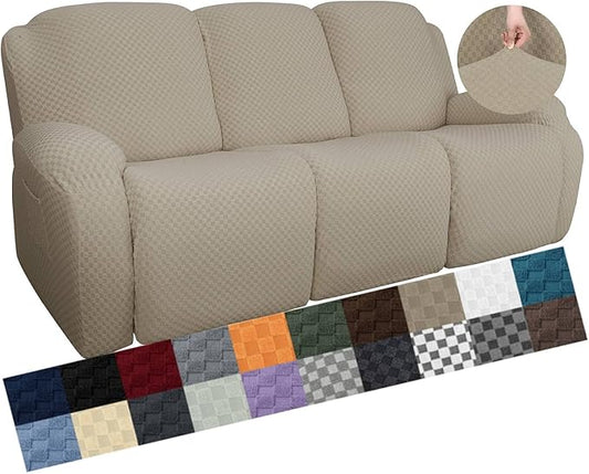 YEMYHOM 8 Pieces Stretch Recliner Sofa Cover Latest Jacquard Reclining Couch Cover with Side Pocket Anti-Slip Fitted 3 Cushion Furniture Slipcovers with Elastic Bottom (Sofa Recliner, Khaki)