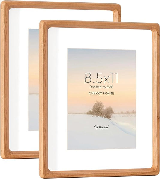 8.5 by 11 Picture Frame, USA-Sourced Cherry Wood Photo Frame with HD Tempered Glass, Handcrafted Rounded Corner 8.5 x 11 Wooden Picture Frames Matted to 6x8 Photos, Tabletop or Wall Display, 2 Pack