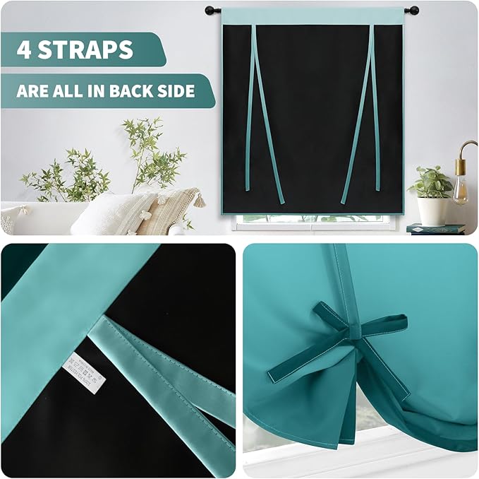 COSVIYA 100% Blackout Ombre Teal Adjustable Tie Up Curtains for Kitchen Thermal Insulated Room Darkening Valance Rod Pocket Balloon Roman Shade for Small Window,48" L x 34" W, 1 Panel