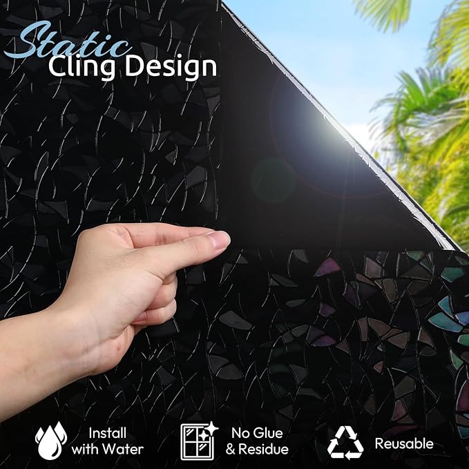 rabbitgoo Window Privacy Film Rainbow Film Decorative Window Sticker, 3D Static Stained Glass Cling Tint for Room Darkening Day Sleep, Black, 17.5 x 157.4 inches